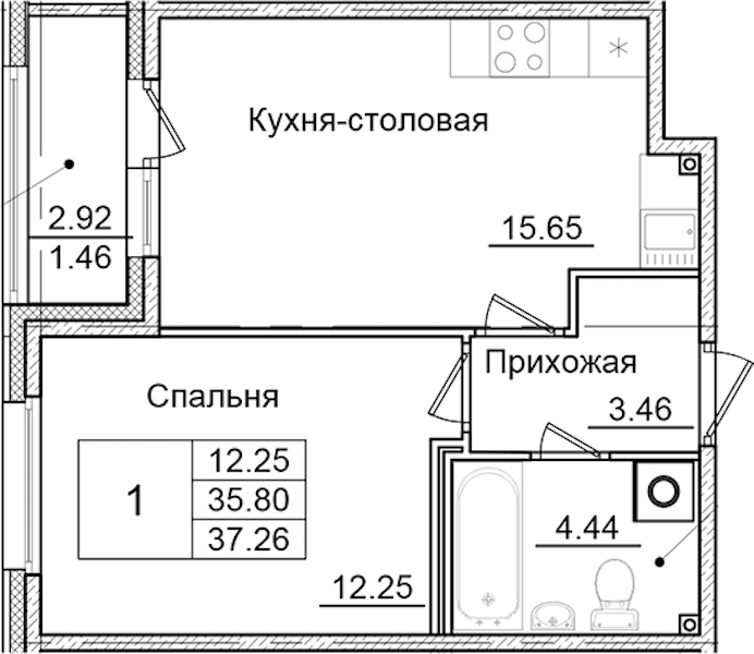 1-комнатная квартира 37.26 м², 2/9 эт., ЖК «Квартал Заречье»